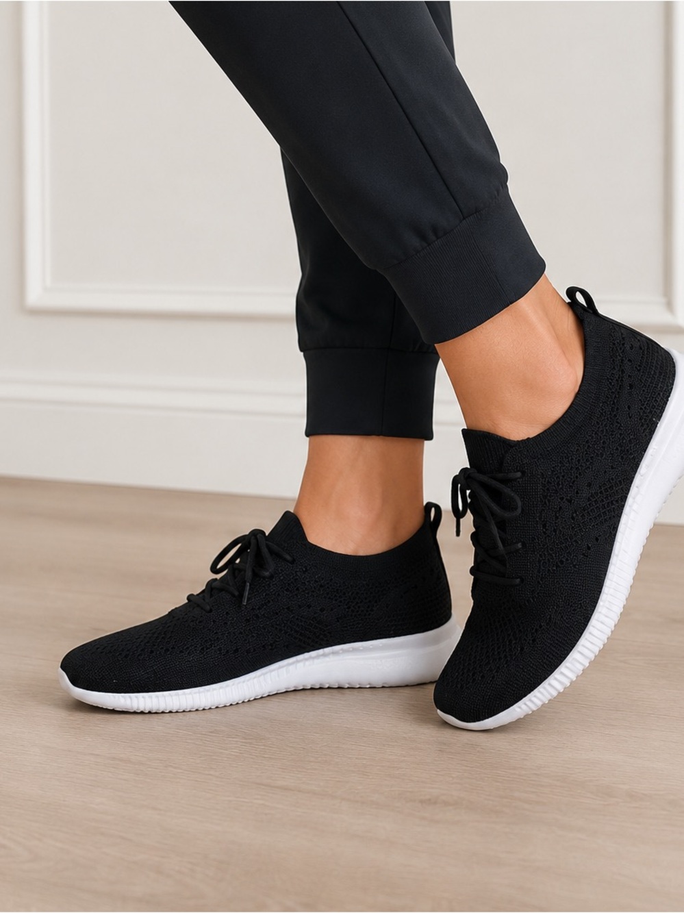 Black Knit Lace-Up Women's Sneakers